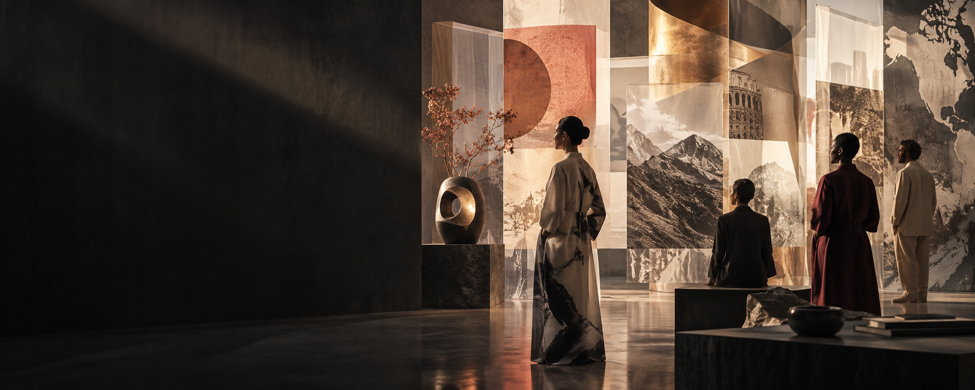 Abstract contemporary artwork with layered forms and warm gold light